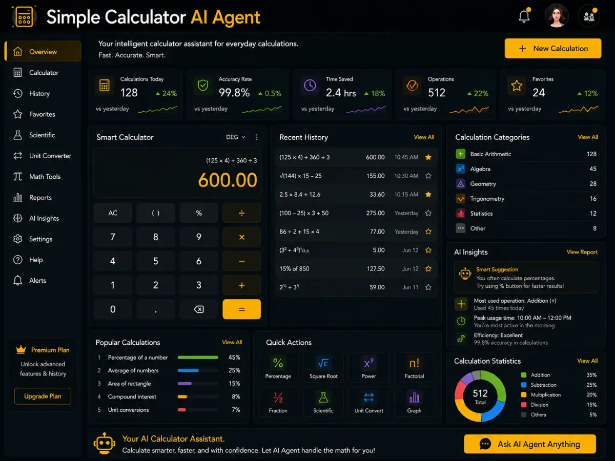simplecalculator.app AI simple calculator agent — simple calculator dashboard preview